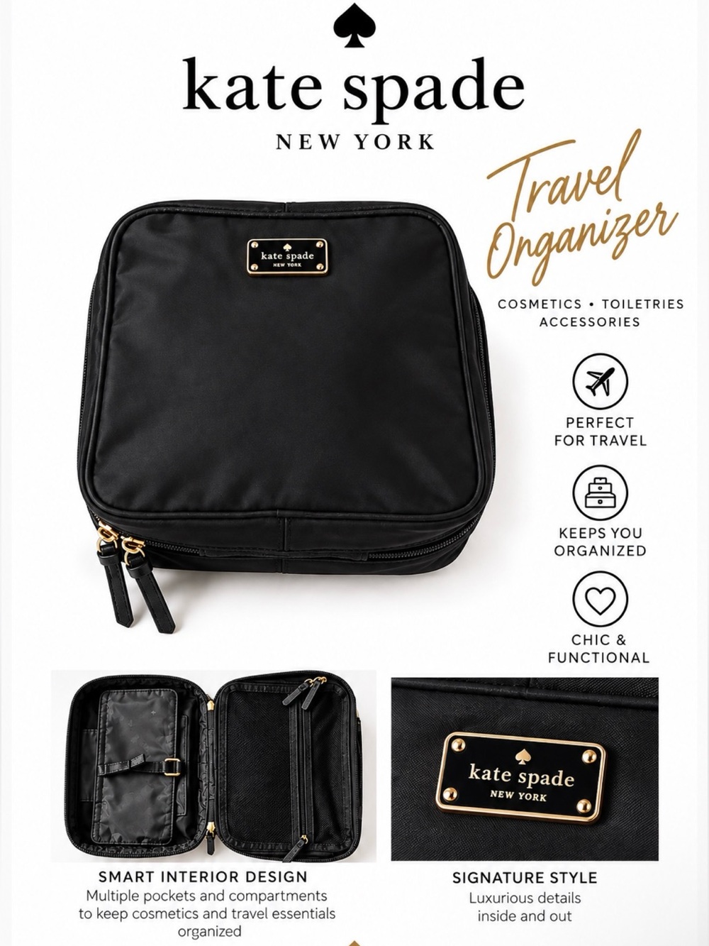kate spade Black Travel Organizer Cosmetic Bag